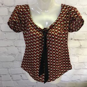 3/$25 Ann Taylor LOFT Petites Geo Print Front Tie Blouse Size XXS Petite